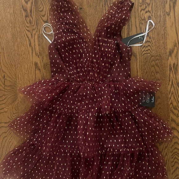 NWT NEW Lulu’s Forever Sparkling Burgundy Dotted Mesh Tiered Mini Dress XS - Picture 7 of 10